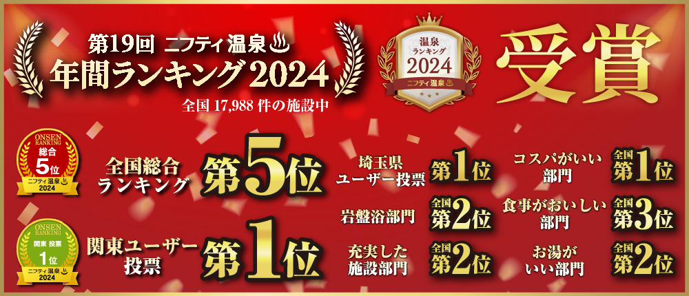 第19回ニフティ温泉　年間ランキング2024 全国総合：5位　他各部門受賞